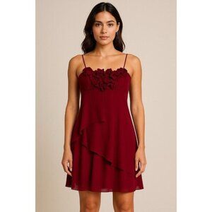 Aidan Mattox 100% Silk Red Burgundy Floral Chiffon Mini Dress Spaghetti Strap 6